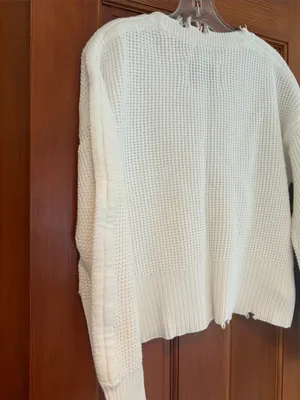 Pistola White Distressed Waffle-Knit Crewneck Sweater thumbnail 3
