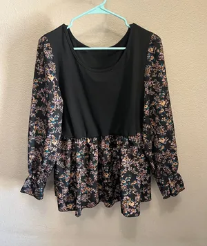 SHEIN Black Floral Peplum Tunic with Pink & Teal Accents thumbnail 1