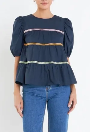 English Factory Navy Top with Multicolor Accents thumbnail 1