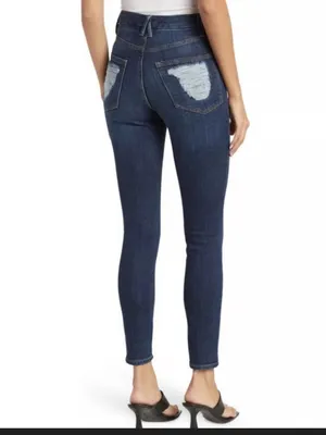 Good American High Rise Skinny Jeans 10 / 30 Dark Wash Stretch Denim Distressed thumbnail 2