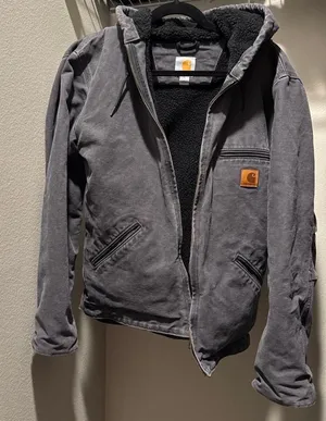 vintage 2000's faded black/ charcoal grey carhartt hooded jacket J141. Size S thumbnail 1