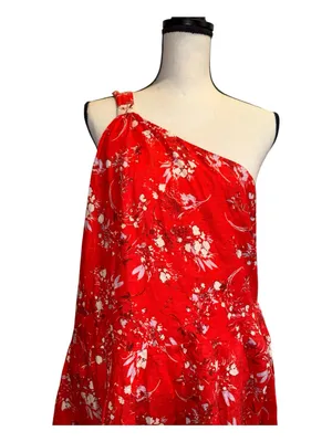 Free People All Mine Mini Red White Strapless Printed Dress one shoulder zip L thumbnail 4