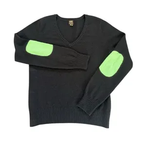 Boo Gemes Chocolate Brown Cashmere Sweater Green Elbow Patch V Neck Womens Large thumbnail 1