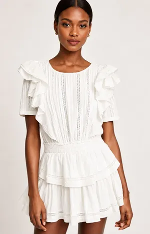 The Post White Ruffle Lace Trim Mini Dress Women’s Small Cotton Rayon thumbnail 1