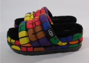 UGG Rainbow Puff Platform Slide Slippers with Black Plush thumbnail 1