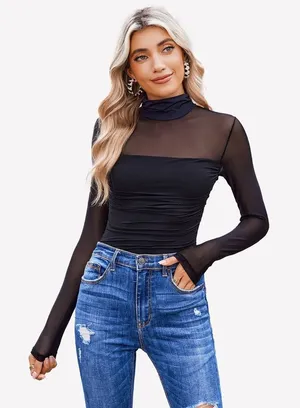 Avidlove Womens Black Mesh Ruched Long Sleeve Mock Neck Bodysuit Size Large thumbnail 1