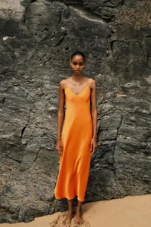 Zara dress maxi midi hot orange satin effect wedding party cocktail thumbnail 11