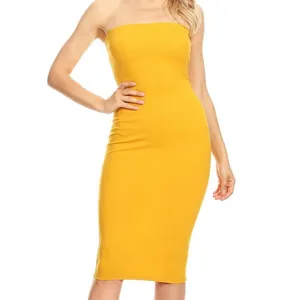 MOA Collection Butter Yellow Slim Fit Bodycon Elastic Tube Midi Dress Small NEW thumbnail 5