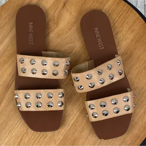 Nine West Brynli3 Studded Dual Strap Slide Sandals‎ Tan Silver 7 thumbnail 1