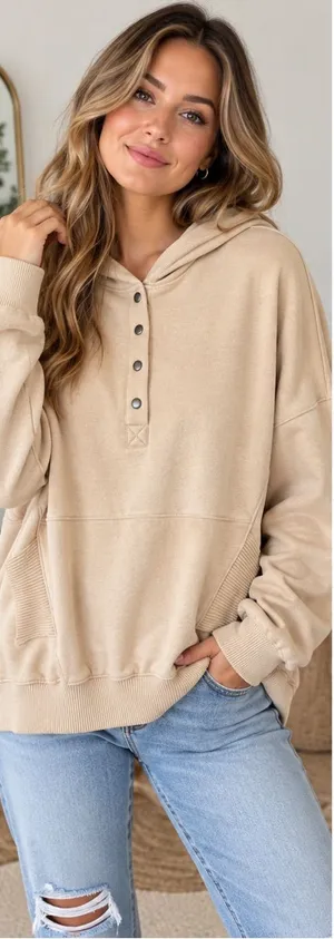 AEMI + CO Beige Oversized Snap Front Hoodie Pullover Small NWT Tan thumbnail 1