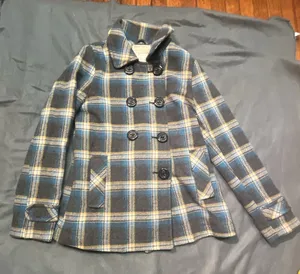Aeropostale Blue and Yellow Plaid Wool Blend Peacoat Jacket thumbnail 4