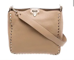 Pebbled Leather Shoulder Bag with Stud Trim in Taupe thumbnail 1