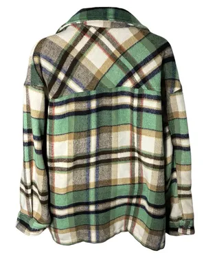 Zara Plaid Shacket Overshirt Snap Front Green Cream Large L thumbnail 6