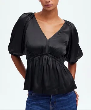 NWT! Madewell Black Satin Shirred Puff Sleeve V Neck Top Large thumbnail 1
