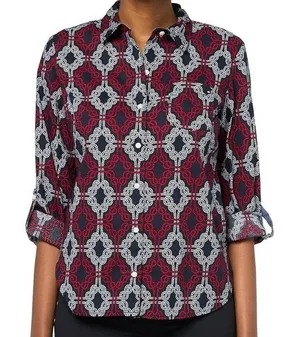 Tommy Hilfiger‎ Top Sz L Abstract Patriotic Print Button Up Shirt Preppy Casual thumbnail 1