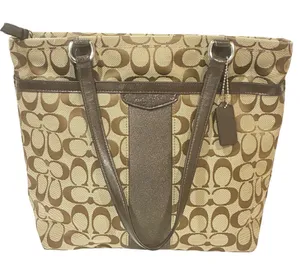 Coach Signature Jacquard Shoulder Handbag Logo Brown Bag Charm Classic Tote thumbnail 1