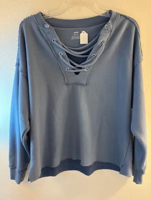 Aerie Lace Up V-Neck Sweatshirt Blue Raw Hem XXS Y2K thumbnail 1