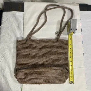 The Sak Crochet Knit Bag Brown Neutral Lined Shoulder Bag Zipper Pocket thumbnail 3