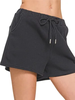 Zenana Black Fleece Drawstring Shorts S/M/L thumbnail 1