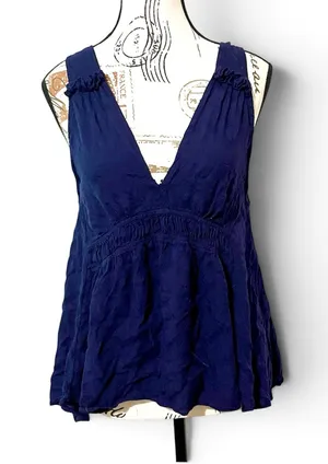 Maeve Anthropologie Navy Blue Boho Tank Top Plunge V Neck Smocked Cinch Small thumbnail 1