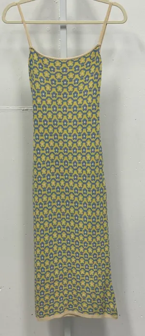 Cider Yellow Blue Floral Geometric Knit Open Back Tie Midi Bodycon Dress Small thumbnail 1