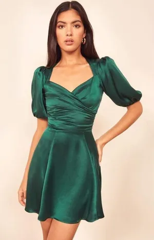 Reformation 100% Silk Emerald Green Puff Sleeve Open Back Mini Dress 10 thumbnail 1