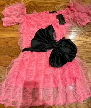 Michella vintage 1990s Barbiecore off the shoulder tulle pink/black bow dress M thumbnail 4