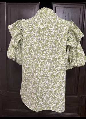 Green & white floral Boho Blouse with ruffled Puff sleeves- Size Medium. ***Refer to measurements. Gently warn and excellent condition. Measurements approximately 21” x 24” long. Material is 100% polyester. Non-smoking home . Priced at as is condition. Don’t like my price make a reasonable offer! And thank you for checking my closet! thumbnail 2