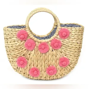 Straw Rattan Tote Bag with Floral Accents & Gingham Lining thumbnail 3