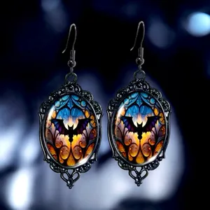 Vintage Cameo Style Gothic Bat Earrings‎ Glass Encased Alloy & Iron Hook thumbnail 5