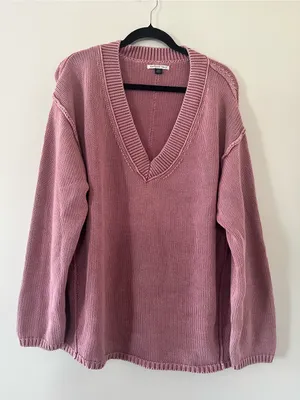 American Eagle Pink V Neck Knit Oversized Sweater Small Relaxed Cozy Coastal thumbnail 1