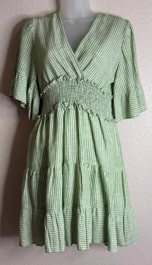 Max Studio Womens Size M Mini Dress Green White Striped Smocked Tiered Ruffle‎ thumbnail 1