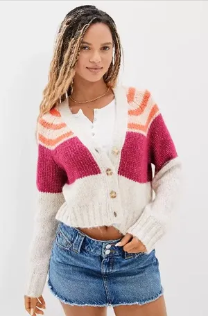 American Eagle Striped Cardigan Button Front Multicolor Pink Cream Fuzzy Size XS thumbnail 1