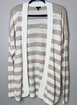 Talbots Womens Size Large Brown Cream Stripe Cardigan Sweater thumbnail 1