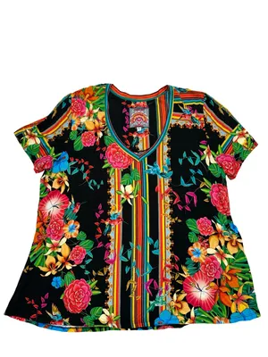 Johnny Was Women’s Size XL Black Multi Floral Bird Stripe V-Neck Tee T-Shirt thumbnail 2