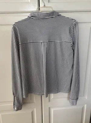 Adrianna‎ Papell Womens Large Navy White Striped Button Down Blouse Long Sleeve thumbnail 1