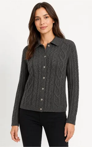 Ann Taylor Womens S 100% Wool Cable Knit Cardigan Sweater Gray Vintage 80/90’s thumbnail 1