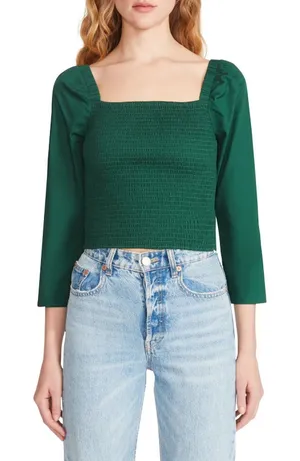 BB Dakota Smocked Puff Sleeve Top M Emerald Green‎ Cropped Minimalist Clean Girl thumbnail 1