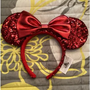 NWOT Disney Parks Red Sequined Ear with Shimmering Metallic Red Bow Headband thumbnail 1
