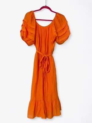 Luxology Vibrant Orange Tiered Puff Sleeve Midi Dress M Tie Waist Cottagecore thumbnail 2