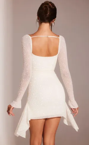 Oh Polly TIVOLI Long Sleeve Embellished Cowl Neck Mini Dress in White thumbnail 2