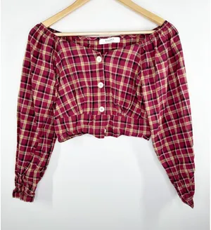 Eggka Peasant Milkmaid Crop‎ Top Red Cream Plaid Long Sleeve Button Front Small thumbnail 1