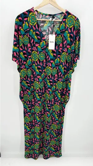 Leota Dress‎ Women's S Multi Blue Pink Bright Floral Marche Fleur V-Neck Maxi thumbnail 1