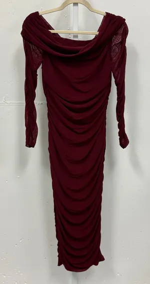 NWT Pretty Garden Burgundy Mesh Ruched Off Shoulder Bodycon Midi‎ Dress Wine Med thumbnail 1