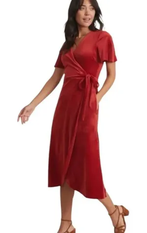 Marine Layer Viola Velour Wrap Dress - Red Dhalia XS thumbnail 1