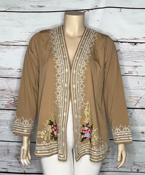 Novica Size XL Tan - Floral Embroidered Open Front Boho Cardigan Jacket thumbnail 1