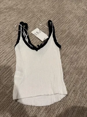 ZARA White Ribbed Camisole with Black Trim thumbnail 4