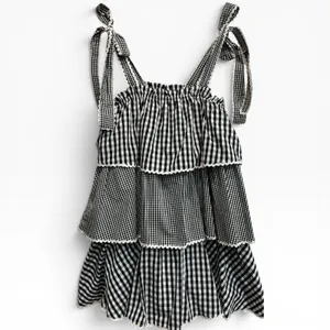 Hyacinth House‎ Donna Gingham Tiered Mini Dress Black White Ric-Rac XS thumbnail 3