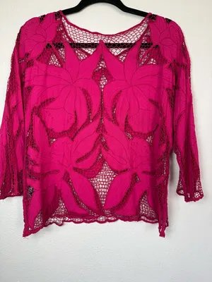 Surya Pink Beaded Sheer Floral Lace Top Boho Y2K Blouse Size L thumbnail 4