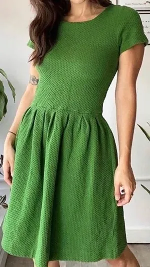 Ganni Textured‎ Mini Dress Womens XS Green Short Sleeve Pleated Fit Flare Scandi thumbnail 1